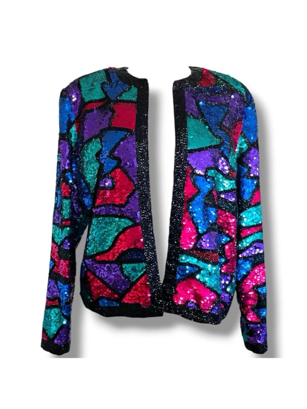 Vintage Oleg Cassini Black Tie Jacket Sz Large Jewel Tone Beaded Sequin Silk - Picture 2 of 10